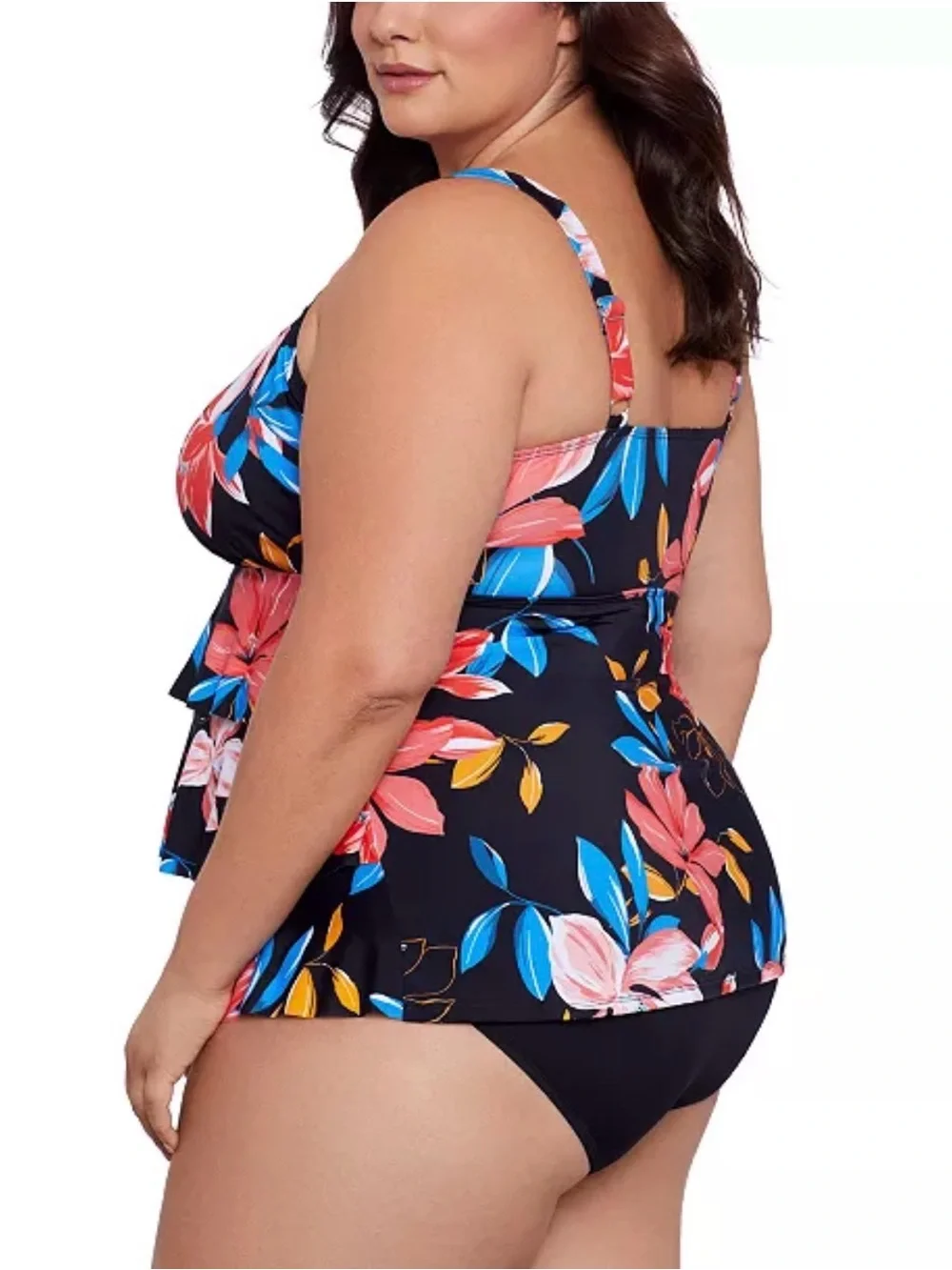 Swim Solutions Plus Size Tiered Black Floral-Print One Piece 16W NEW - Picture 3 of 5